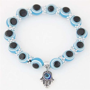 Unique Folk Style Vintage Hand Pendant Eye Beads Fashion Bracelet - Sky Blue