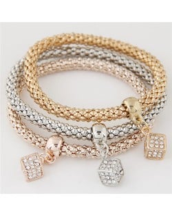 Rhinestone Inlaid Cubic Pendants Tripe Layers Alloy Combo Bracelet