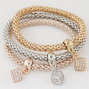 Rhinestone Inlaid Cubic Pendants Tripe Layers Alloy Combo Bracelet