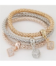 Rhinestone Inlaid Cubic Pendants Tripe Layers Alloy Combo Bracelet