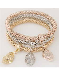 Hollow Leaves Pendants Triple Layers Combo Studs Fashion Bracelet