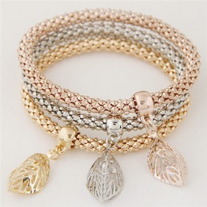 Hollow Leaves Pendants Triple Layers Combo Studs Fashion Bracelet