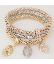 Hollow Leaves Pendants Triple Layers Combo Studs Fashion Bracelet