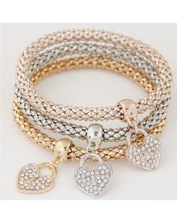 Heart Locks Pendant Three Layers Combo Studs Fashion Bracelet 