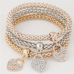 Heart Locks Pendant Three Layers Combo Studs Fashion Bracelet 