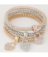 Heart Locks Pendant Three Layers Combo Studs Fashion Bracelet 