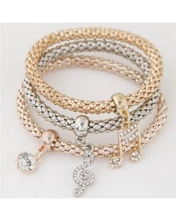 Musical Notes Pendant Triple Layers Studs Fashion Bracelet