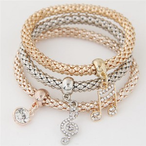 Musical Notes Pendant Triple Layers Studs Fashion Bracelet