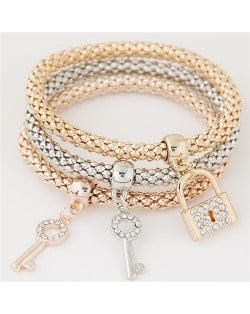 Key and Lock Pendants Triple Layers Studs Alloy Fashion Bracelet