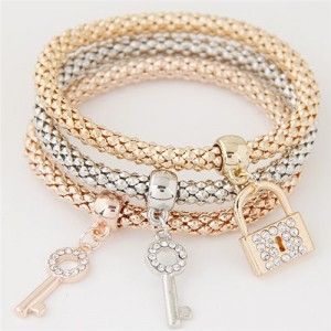 Key and Lock Pendants Triple Layers Studs Alloy Fashion Bracelet