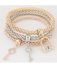 Key and Lock Pendants Triple Layers Studs Alloy Fashion Bracelet