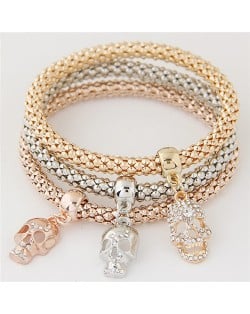 Rhinestone Inlaid Skulls Pendant Triple Layers Studs Fashion Bracelet