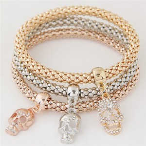 Rhinestone Inlaid Skulls Pendant Triple Layers Studs Fashion Bracelet