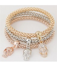 Rhinestone Inlaid Skulls Pendant Triple Layers Studs Fashion Bracelet