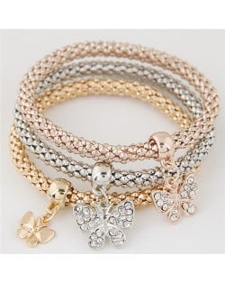 Rhinestone Inlaid Butterfly Pendants Triple Layers Combo Fashion Bracelet