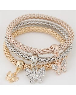 Rhinestone Inlaid Butterfly Pendants Triple Layers Combo Fashion Bracelet