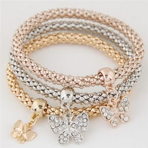 Rhinestone Inlaid Butterfly Pendants Triple Layers Combo Fashion Bracelet