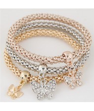 Rhinestone Inlaid Butterfly Pendants Triple Layers Combo Fashion Bracelet