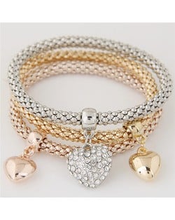 Hearts Pendant Triple Layer Combo Studs Alloy Fashion Bracelet