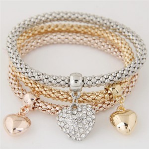 Hearts Pendant Triple Layer Combo Studs Alloy Fashion Bracelet