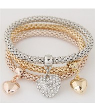 Hearts Pendant Triple Layer Combo Studs Alloy Fashion Bracelet