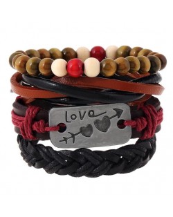 Love Theme Alloy Plate Decorated Multi-layer Weaving Style Leather Bracelet