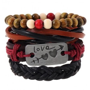 Love Theme Alloy Plate Decorated Multi-layer Weaving Style Leather Bracelet