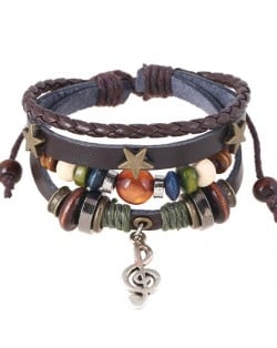 Star and Musical Note Vintage Beads Fashion Leather Bracelet - Brown