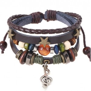 Star and Musical Note Vintage Beads Fashion Leather Bracelet - Brown