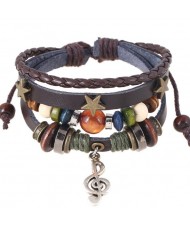 Star and Musical Note Vintage Beads Fashion Leather Bracelet - Brown