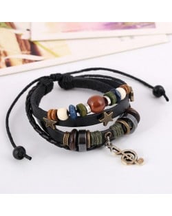 Star and Musical Note Vintage Beads Fashion Leather Bracelet - Black