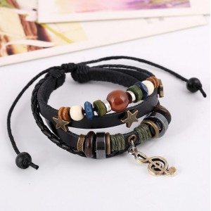 Star and Musical Note Vintage Beads Fashion Leather Bracelet - Black