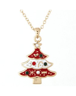 Czech Rhinestone Inlaid Oil Spot Glazed Christmas Tree Pendant Fashion Necklace - Red