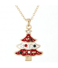 Czech Rhinestone Inlaid Oil Spot Glazed Christmas Tree Pendant Fashion Necklace - Red