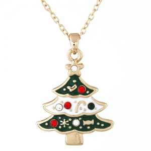 Czech Rhinestone Inlaid Oil Spot Glazed Christmas Tree Pendant Fashion Necklace - Green
