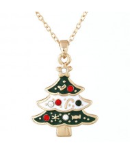 Czech Rhinestone Inlaid Oil Spot Glazed Christmas Tree Pendant Fashion Necklace - Green