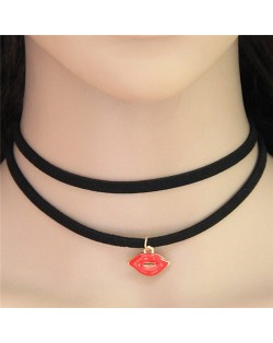 Red Lips Pendant Two Layers Rope Necklace
