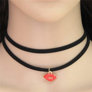 Red Lips Pendant Two Layers Rope Necklace