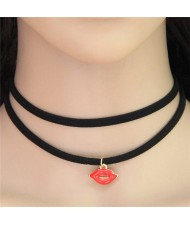 Red Lips Pendant Two Layers Rope Necklace