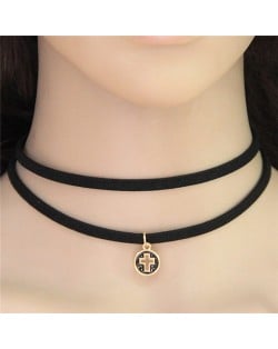 Cross Round Plate Pendant Dual Layers Rope Fashion Necklace