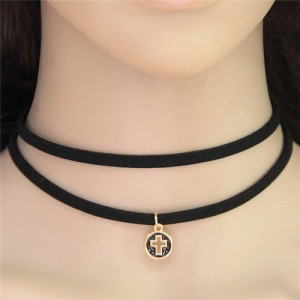 Cross Round Plate Pendant Dual Layers Rope Fashion Necklace