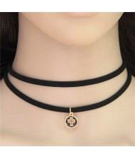 Cross Round Plate Pendant Dual Layers Rope Fashion Necklace