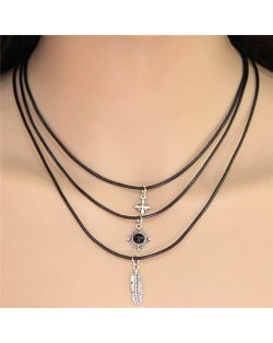 Star Round Gem and Feather Pendants Three Layers Rope Fashion Necklace