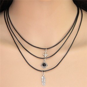 Star Round Gem and Feather Pendants Three Layers Rope Fashion Necklace