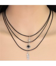 Star Round Gem and Feather Pendants Three Layers Rope Fashion Necklace