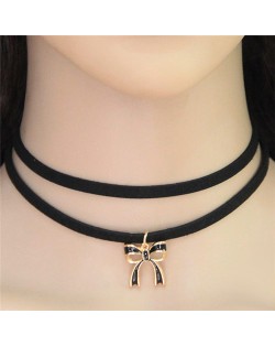 Oil Spot Glazed Black Bowknot Pendant Dual Layers Rope Necklace
