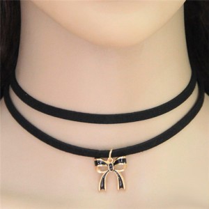 Oil Spot Glazed Black Bowknot Pendant Dual Layers Rope Necklace