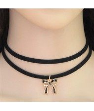 Oil Spot Glazed Black Bowknot Pendant Dual Layers Rope Necklace
