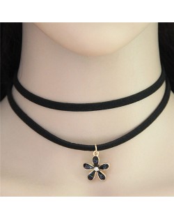 Oil Spot Glazed Black Flower Pendant Two Layers Rope Fashion Necklace