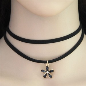 Oil Spot Glazed Black Flower Pendant Two Layers Rope Fashion Necklace
